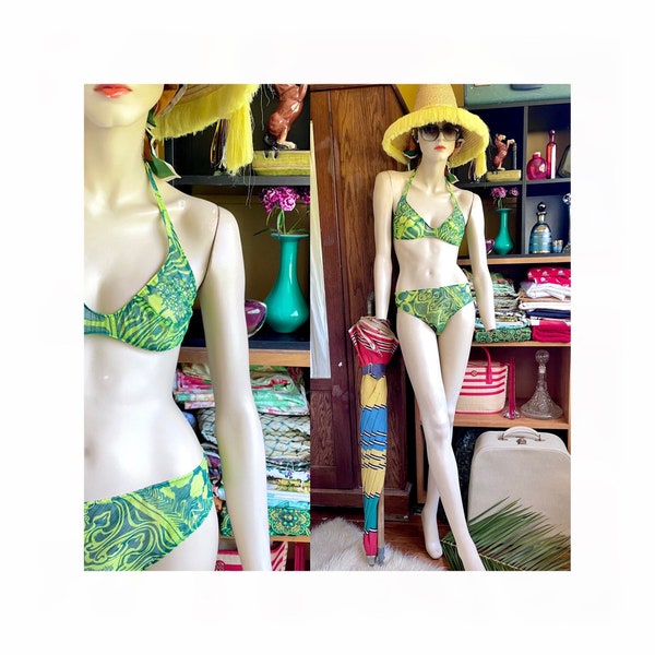 Vintage 60er 70er Jahre String Bikini, transparent grüner psychedelischer Print Zweiteiler Badeanzug, 'Tan Thru' von PIZ BUIN, Größe 10 und 12