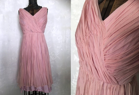 1950s Vintage 100% Chiffon Silk Pink Cocktail Dres