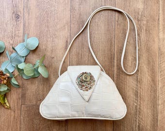 Bolso bandolera convertible de piel blanca con relieve de cocodrilo, estilo vintage de los años 80.