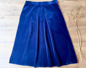 Falda midi vintage de terciopelo azul marino de talle alto y corte en A de los años 70, talla grande.