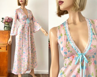 Vintage 60s nightgown robe peignoir set by Marcel Worth, floral chiffon negligee, size 6 size 8