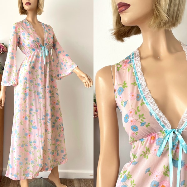 Vintage 60s nightgown robe peignoir set by Marcel Worth, floral chiffon negligee, size 6 size 8