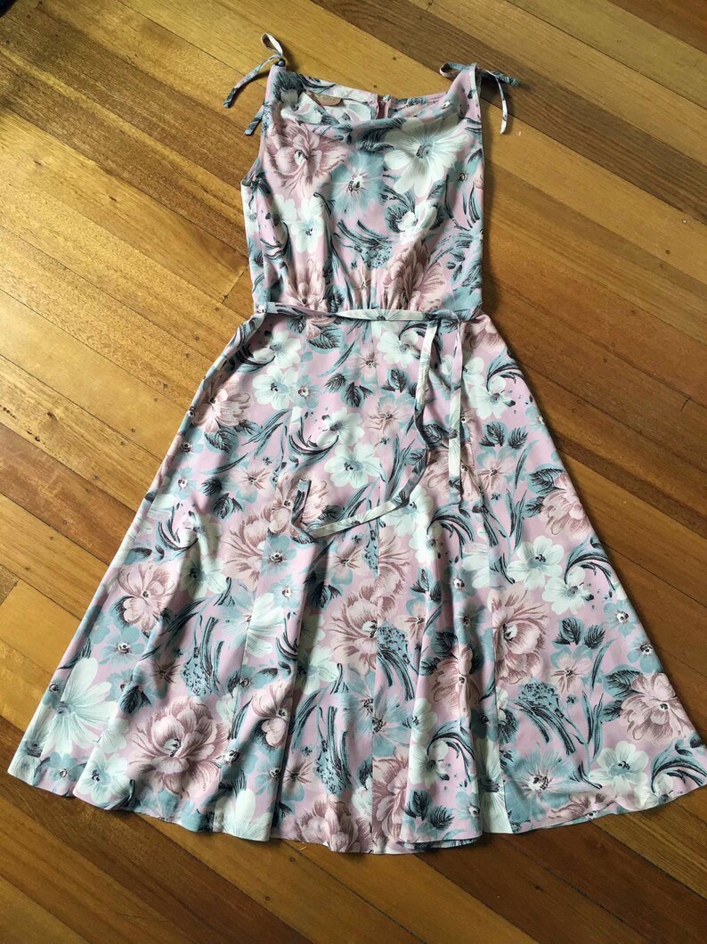 Vintage CUE Cowl Neck Sun Dress \u2013 Size 10-12 \u2013 30s Style Floral Frock/_ Pink Rayon Floral Print/_70s 80s