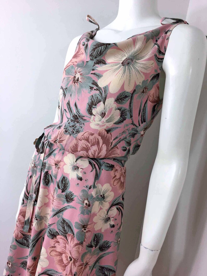 Vintage CUE Cowl Neck Sun Dress \u2013 Size 10-12 \u2013 30s Style Floral Frock/_ Pink Rayon Floral Print/_70s 80s
