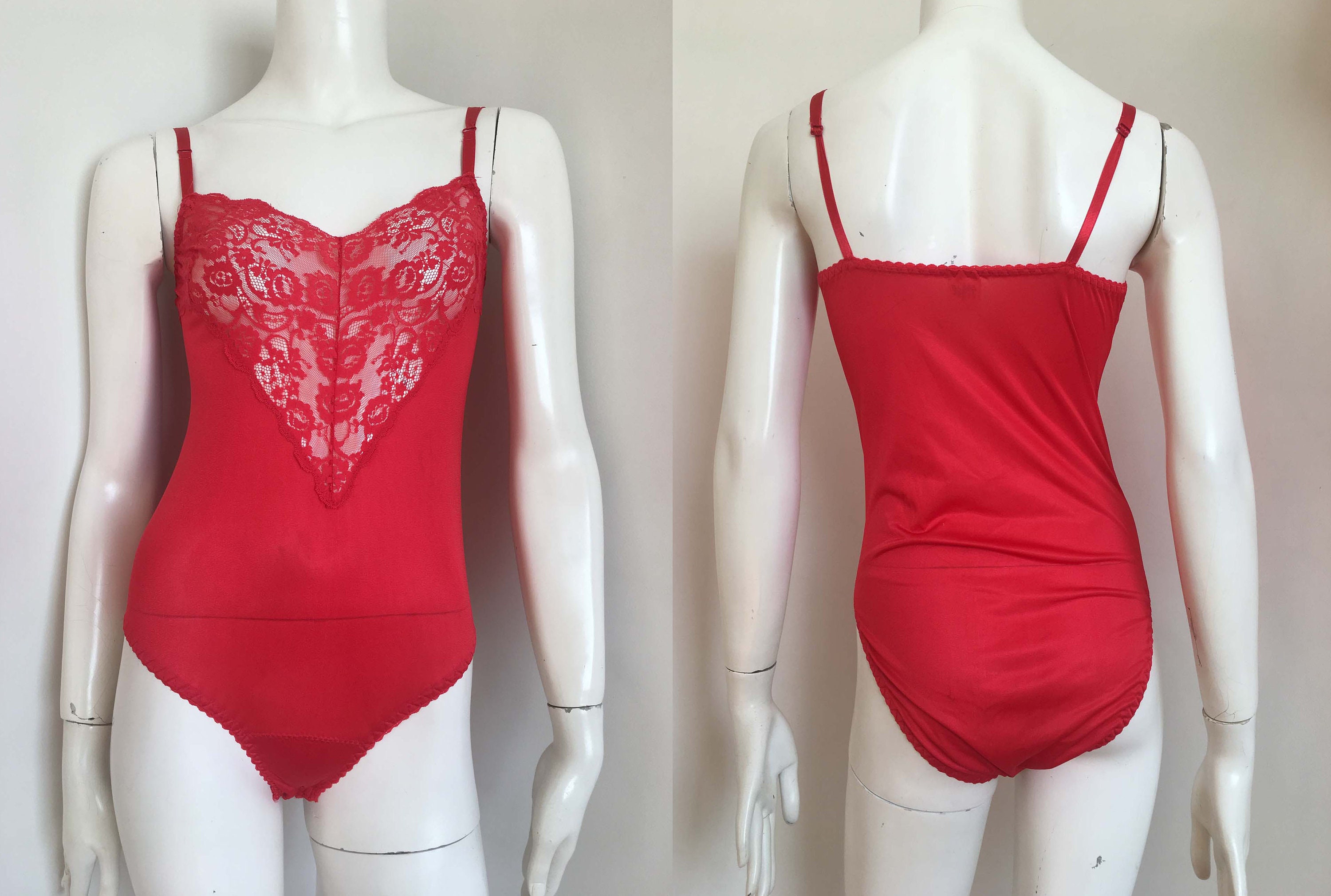 Vintage 70s 80s Red Nylon Bodysuit, Sexy Step in Teddy Lingerie, Size 6 Size  8 