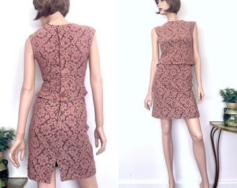 Vintage beige cotton lace button back blouse skirt coordinate, size 6 size 8 | 2 piece 60s mini dress