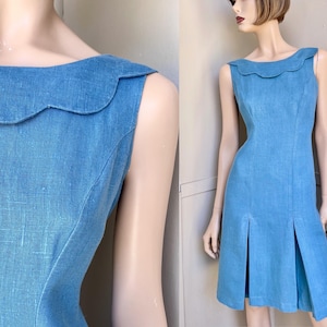 Vintage 1960s Pleated Mini Dress | Mod Scooter Shift | Blue Linen, Size 8-10 Small