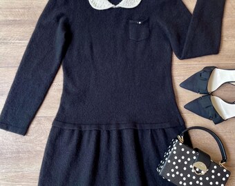 Vestido de punto vintage de los años 90 de Montagut Paris, color negro, con cuello de perlas y cuello de cachemir, talla XS.