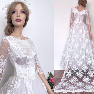 Vintage 1950s Chantilly lace wedding gown with train | tea length bateau ballgown with modest neckline | size 4 size 6 xxs