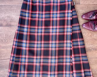 Vintage 1960s Fletcher Jones Red Tartan Wool Plaid Kilt, Pleated Midi Skirt, Size XS