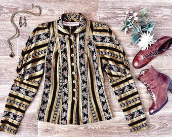 Vintage 1970s Billy Plunkett Tapestry Blouse, Floral Stripe Leg o Mutton Top, Size Small