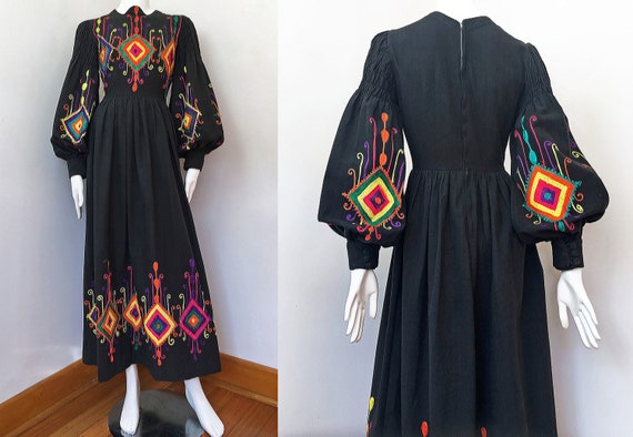 60s/70s Embroidered Peasant Dress with Bishop Slee