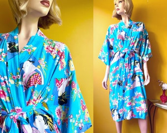 Vintage kimono robe, Japanese dressing gown, aqua blue Geisha floral print, size 6 size 8 xs