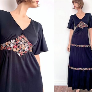 Vintage 1970s a-line maxi dress | tiered flutter sleeve hostess gown | black floral polyester | size 8 size 10 small