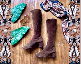 60s 70s Go Go Girl boots | vintage knee high boots | Mod | brown suede front zip | size 7.5 AU/5.5 UK