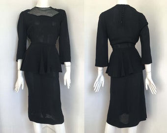 Vintage 40s peplum dress, pencil dress w illusion neckline, black crepe LBD, size 6 size 8 xs