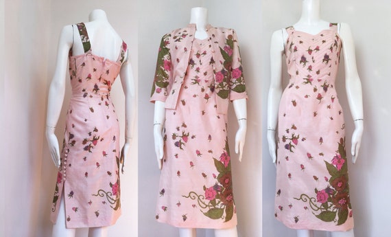 60s silk handprinted exotic floral dress and jacke