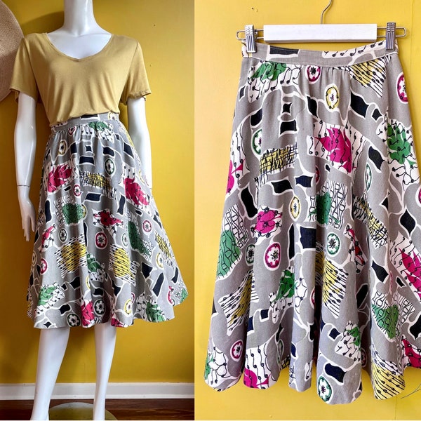 Vintage 50s circle skirt, skater skirt, swing skirt, novelty print aline midi skirt, size 4 size 6 xxs