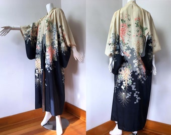 Antique silk kimono, Showa period 1926-1940 furisode, Yuzen-dyed lotus chrysanthemum floral print, decorative textile art