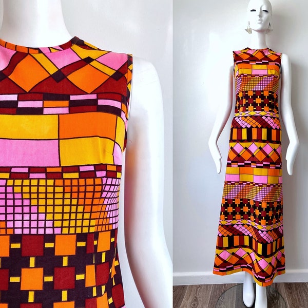 60s 70s psychedelic maxi, mod sleeveless aline shift dress,  IVAN FREDERICS of California, size 4 size 6