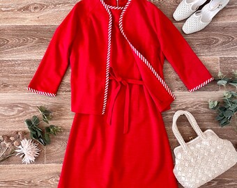 Vintage 1960s Red Mod Mini Dress Jacket Set, Vinylon Shift, Size Small