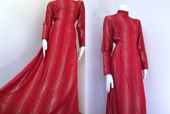 70s Red & Gold_Sheer Floor Length Gown_Size 10-12_