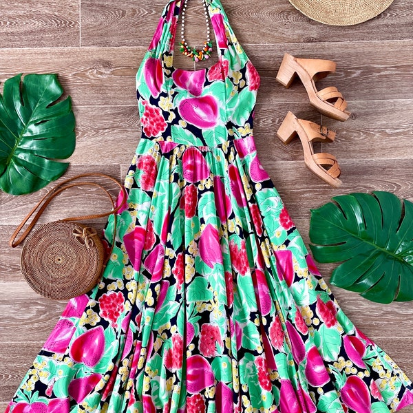 robe licol vintage des années 80, robe de soleil midi A-line avec poches, imprimé fruits tropicaux d’été, taille 6 taille 8 xs