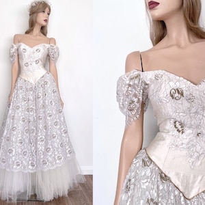 robe de bal corset en soie brute ivoire vintage des années 1980 | de mariée en dentelle à épaules dénudées | Labyrinthe d&#39;avant-guerre | UA taille 8 taille 10