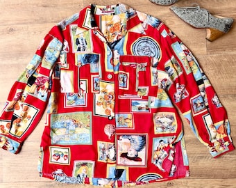 Blusa vintage de los 80 de Adele Palmer, roja, semitransparente, con estampado artístico, talla mediana.