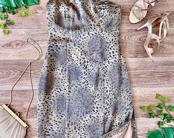 Vintage 1980s John Cavill Silk Leopard Print One Shoulder Asymmetric Midi Dress, Size Small