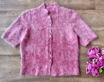 Cárdigan rosa de angora, estilo vintage de los años 40 y 50, de punto suave y manga corta, talla pequeña.