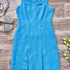 Vintage 1960s Cerulean Blue Linen Scooter Shift Dress, Pleated Scalloped Collar Mini, Size S