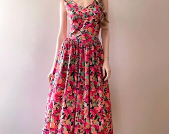 Vestido midi de algodón con estampado floral y frutal de Laura Ashley, estilo vintage de los años 80, talla XL.