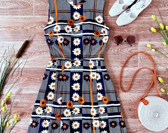 Minivestido Jean Allen Daisy Plaid de los años 60, estilo vintage Mod Scooter, de algodón, talla pequeña.