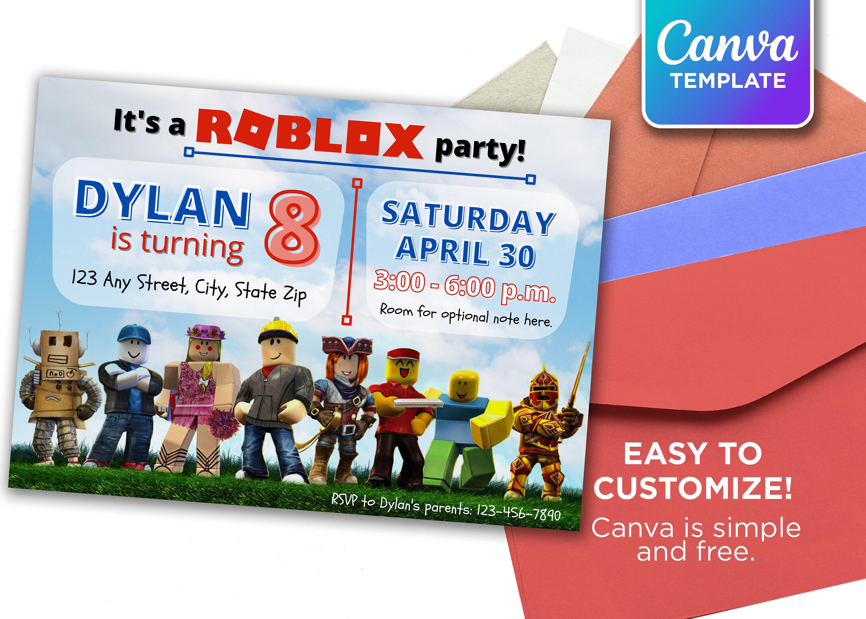 Roblox Invitation, Roblox Birthday Party Invitations Template