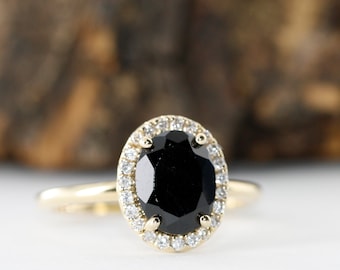 Oval Black Spinel Diamond Halo Engagement Ring 14K Yellow Gold
