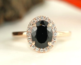 Oval Black Spinel Gemstone and Diamond Engagement Promise Ring In 14K Rose Gold