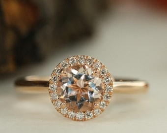 Morganite and Halo Diamond Ring In 14K Solid Rose Gold