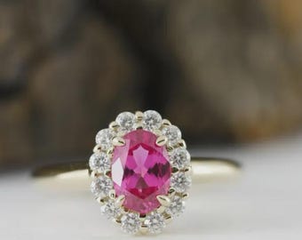 Oval Pink Gemstone Engagement Ring in 14k Yellow Gold, Birthstone Ring