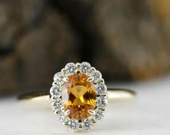 Oval Gemstone Citrine and Diamond Engagement Ring in 14k Solid Gold, Birthstone Ring