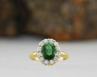 Oval Emerald and Diamond Engagement Ring in 14k Yellow Gold, Handmade Promised Ring