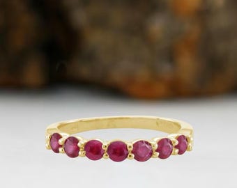 7 Stone Red Ruby Wedding Anniversary Ring in 14k Gold, Handmade Stackable Ring