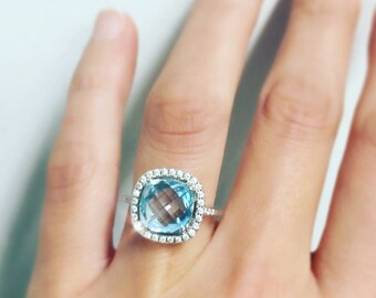 Blue Topaz Diamond Halo Engagement Ring, 14K White Gold Cushion Cut Ring