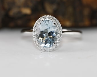 Blue Aquamarine Gemstone and Diamond Engagement Ring in 14K White Gold