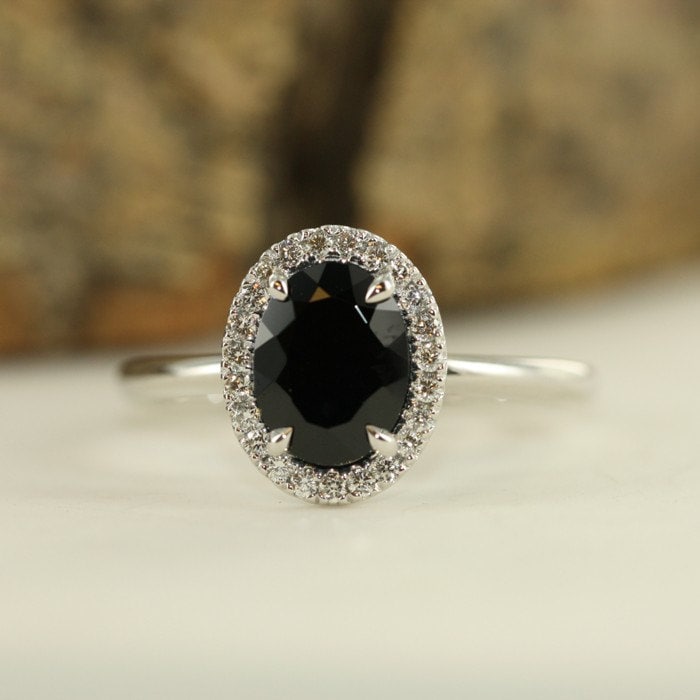 Black Oval Gemstone Engagement Ring In White Gold 9X7mm Black Etsy