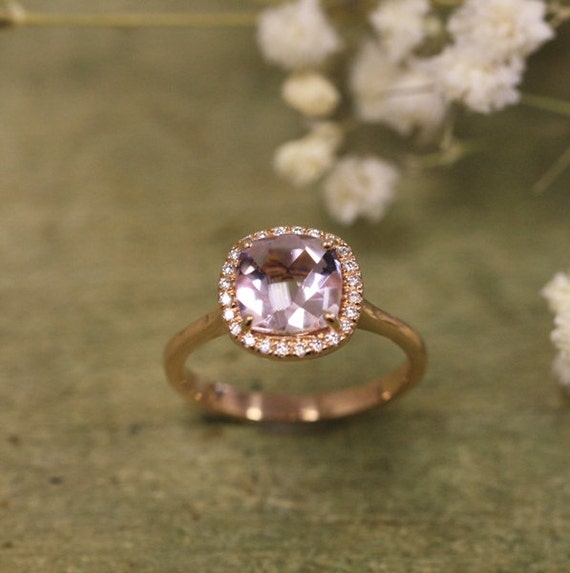 Natural Morganite Ring In 14k Rose Gold Halo Diamond And Pink Etsy