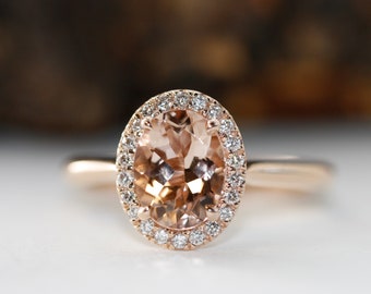 Oval Morganite and Diamond Halo Engagement Anniversary Ring In 14K Rose Gold