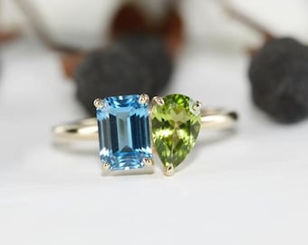 Customizable 14k Gold Toi Et Moi Ring, Emerald & Pear Diamond
