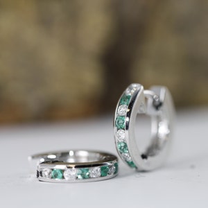 Natural Emerald and Diamond Hoop Earrings in 14K Solid Gold-Perfect Gift