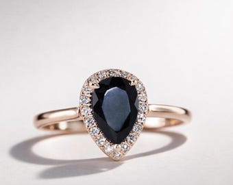 Pear Shape Onyx and Diamond 14K Rose Gold Engagement Ring